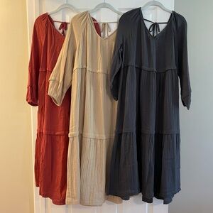 Women’s 100% Cotton Midi Dress Lot in Rust, Cream, and Charcoal